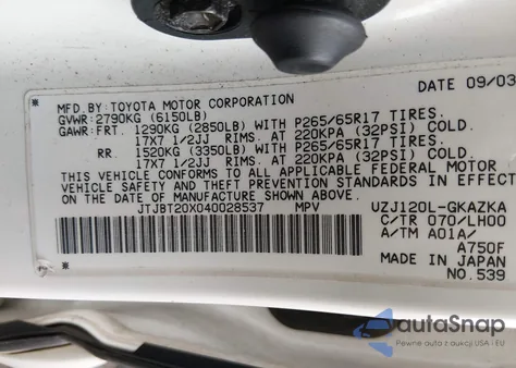2004 Lexus Gx 470 from USA, damaged, VIN JTJBT20X040028537